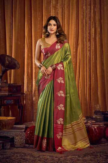 Monjolika Fashion Green Soft Tissue Silk Blend Saree with Wine Red Zari Woven Border - Dista