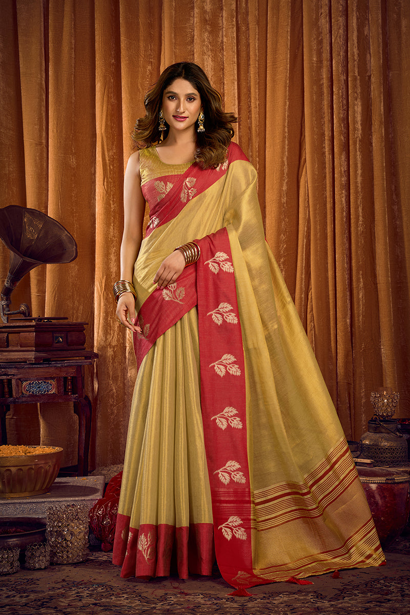 Monjolika Fashion Golden Beige Soft Tissue Silk Blend Saree with Red Zari Woven Border - Dista