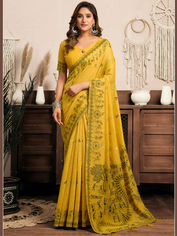 Monjolika Fashion Mustard Cotton Blend Warli Work Saree with Unstitched Blouse - Dista