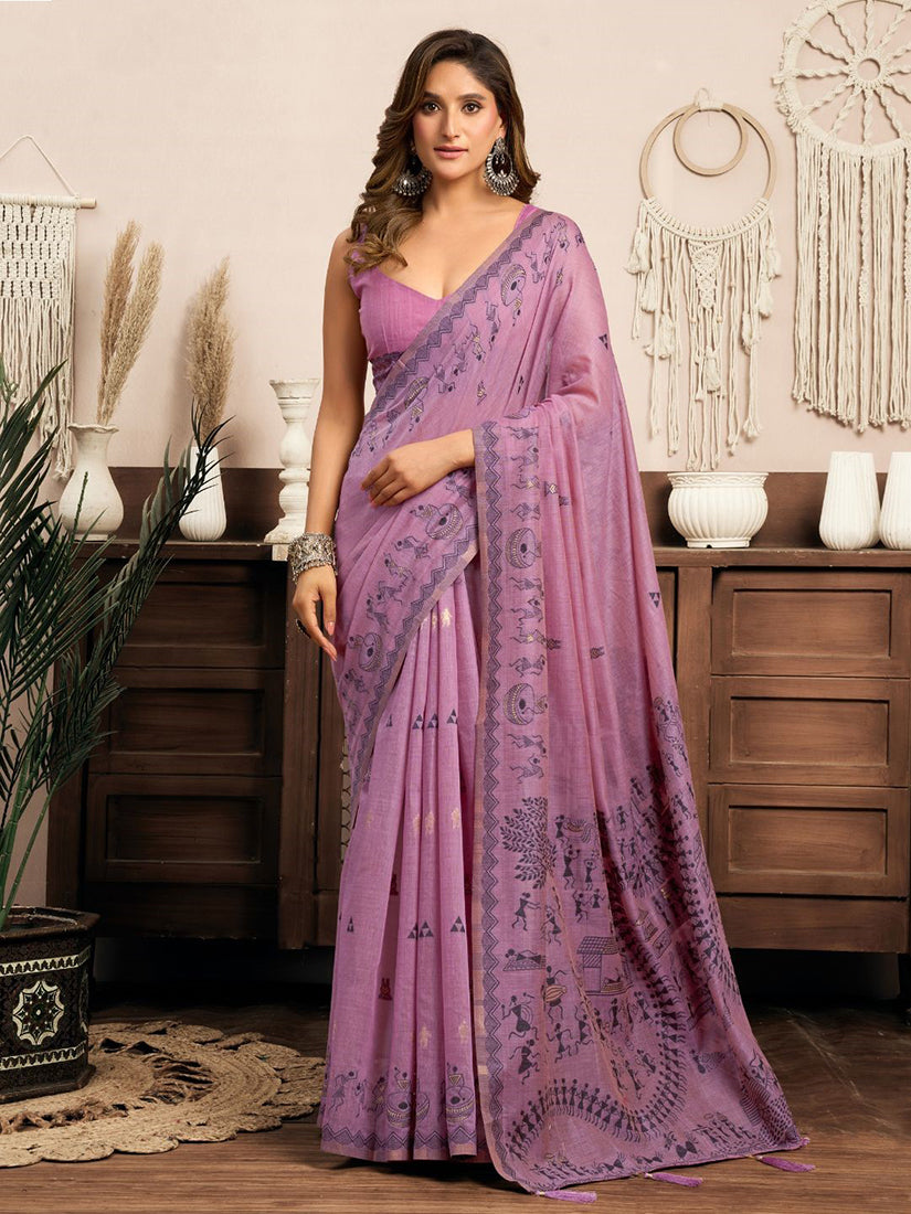 Monjolika Fashion Lilac Cotton Blend Warli Work Saree with Unstitched Blouse - Dista