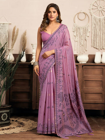 Monjolika Fashion Lilac Cotton Blend Warli Work Saree with Unstitched Blouse - Dista