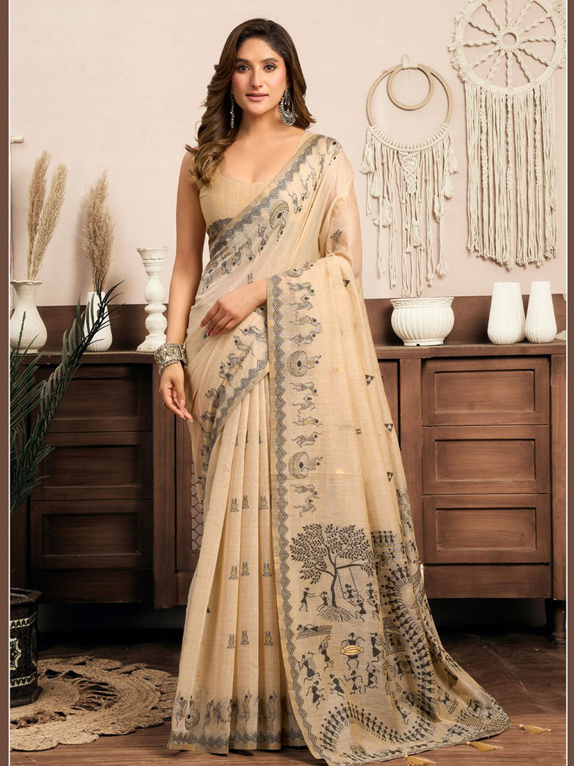 Monjolika Fashion Cream Cotton Blend Warli Work Saree with Unstitched Blouse - Dista