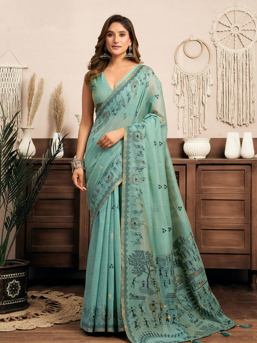 Monjolika Fashion Sky Blue Cotton Blend Warli Work Saree with Unstitched Blouse - Dista