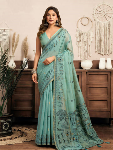 Monjolika Fashion Sky Blue Cotton Blend Warli Work Saree with Unstitched Blouse - Dista