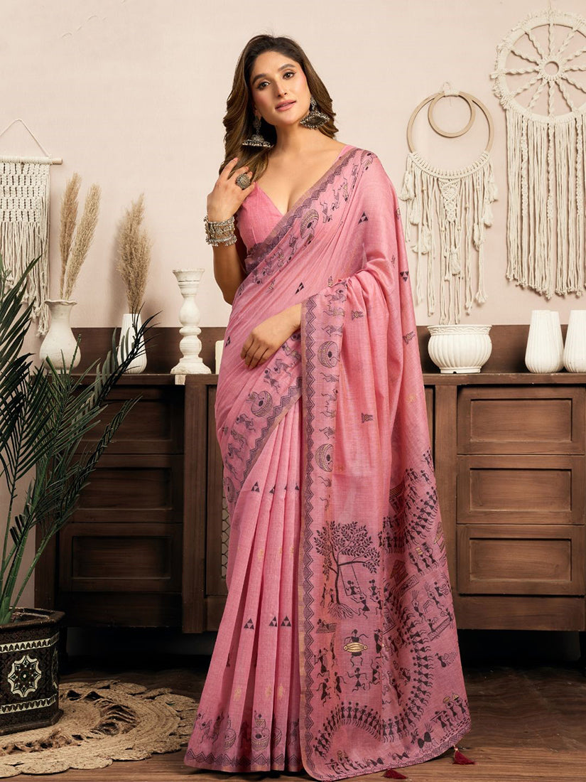 Monjolika Fashion Pink Cotton Blend Warli Work Saree with Unstitched Blouse - Dista