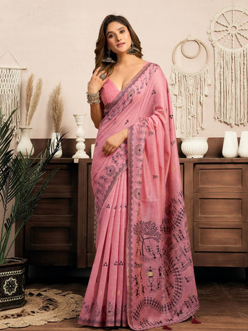 Monjolika Fashion Pink Cotton Blend Warli Work Saree with Unstitched Blouse - Dista
