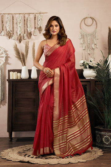 Monjolika Fashion Red Khadi Cotton Saree with Golden Zari Border and Brocade Blouse - Dista