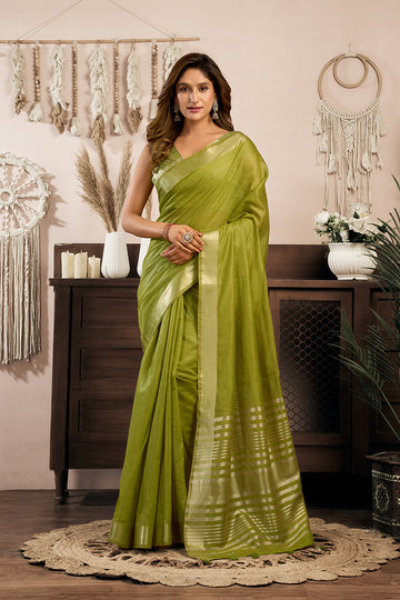 Monjolika Fashion Green Khadi Cotton Saree with Golden Zari Border and Brocade Blouse - Dista