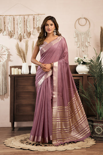 Monjolika Fashion Mauve Khadi Cotton Saree with Golden Zari Border and Brocade Blouse - Dista