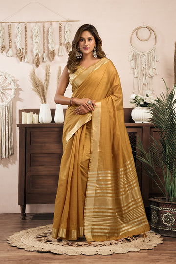 Monjolika Fashion Mustard Khadi Cotton Saree with Golden Zari Border and Brocade Blouse - Dista