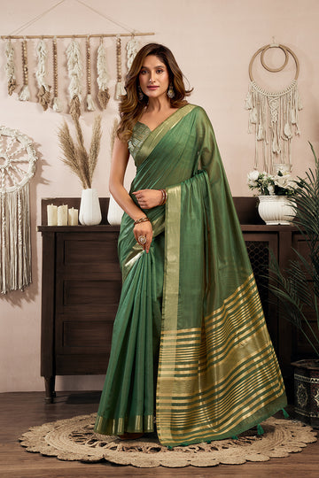 Monjolika Fashion Green Khadi Cotton Saree with Golden Zari Border and Brocade Blouse - Dista