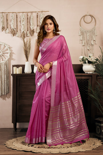 Monjolika Fashion Pink Khadi Cotton Saree with Golden Zari Border and Brocade Blouse - Dista