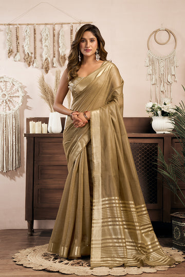 Monjolika Fashion Beige Gold Khadi Cotton Saree with Golden Zari Border and Brocade Blouse - Dista