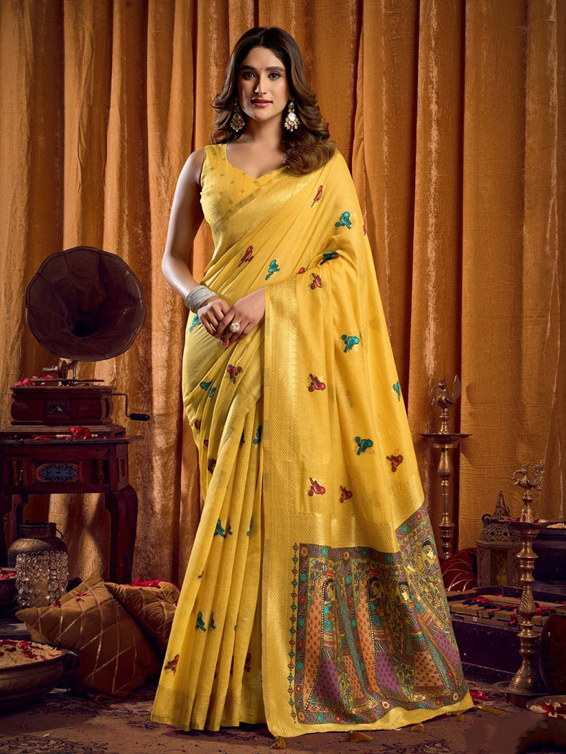 Monjolika Fashion Yellow Cotton Blend Katha Work Saree With Blouse Piece - Dista