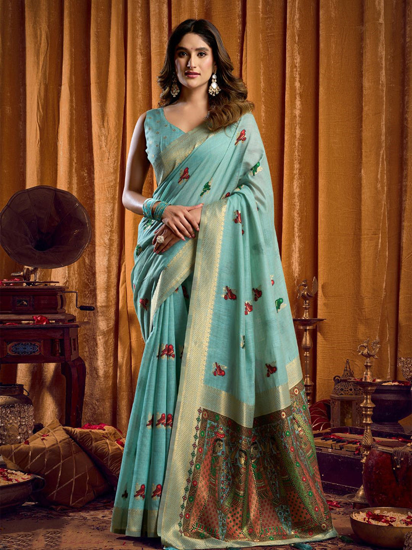 Monjolika Fashion Sky Blue Cotton Blend Katha Work Saree With Blouse Piece - Dista