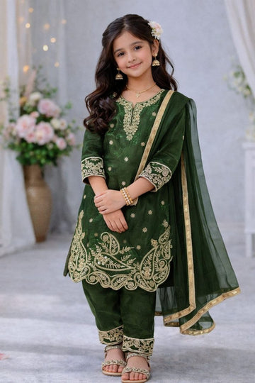 Evanik Green Designer Party Wear Look Kids Top Salwar & Dupata - Dista