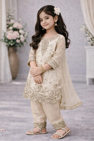 Evanik Beige Designer Party Wear Look Kids Top Salwar & Dupata - Dista