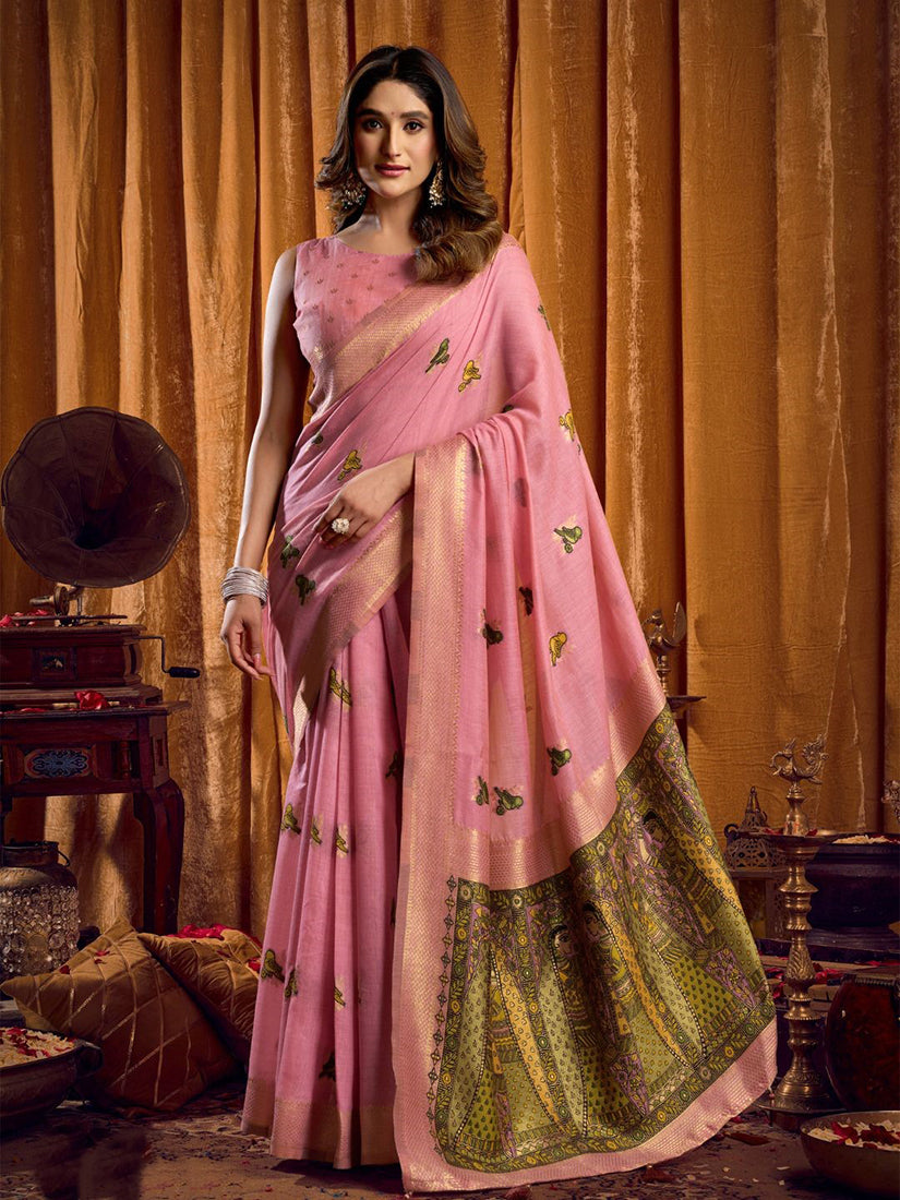 Monjolika Fashion Pink Cotton Blend Katha Work Saree With Blouse Piece - Dista