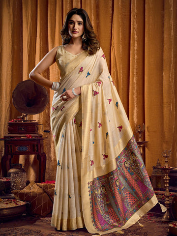 Monjolika Fashion Cream Cotton Blend Katha Work Saree With Blouse Piece - Dista