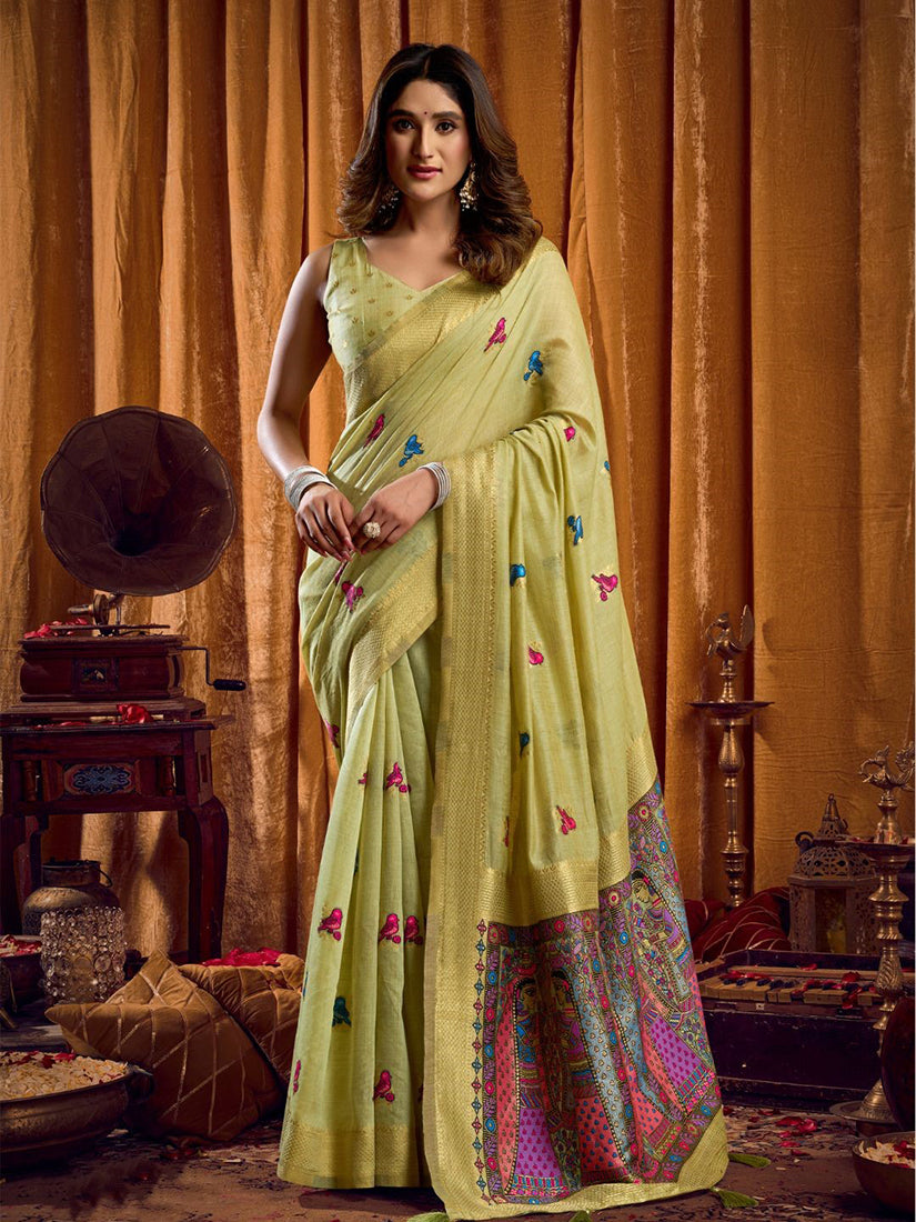 Monjolika Fashion Light Green Cotton Blend Katha Work Saree With Blouse Piece - Dista