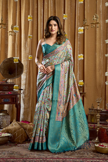 Monjolika Fashion Aqua Blue Banarasi Cotton Silk Blend Digital Print Saree With Blouse Piece - Dista