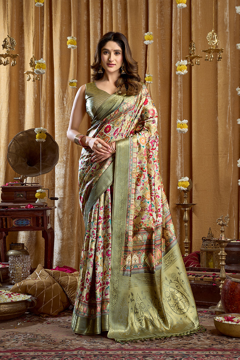 Monjolika Fashion Olive Green Banarasi Cotton Silk Blend Digital Print Saree With Blouse Piece - Dista