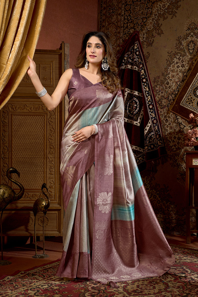 Monjolika Fashion Mauve & Teal Dual-Tone Soft Banarasi Silk Blend Zari Woven Saree with Blouse Piece - Dista