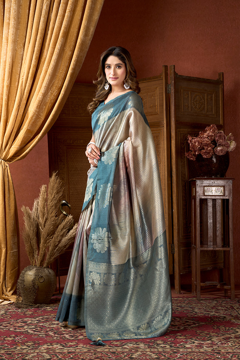 Monjolika Fashion Teal & Grey Dual-Tone Soft Banarasi Silk Blend Zari Woven Saree with Blouse Piece - Dista