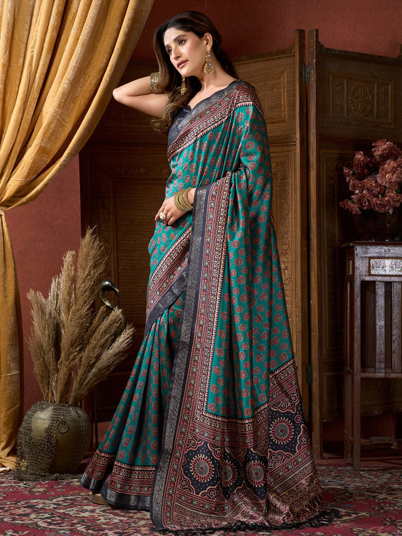 Monjolika Fashion Teal Faux Crepe Silk Printed Saree with Blouse Piece - Dista