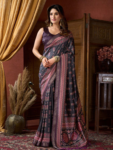 Monjolika Fashion Black Faux Crepe Silk Printed Saree with Blouse Piece - Dista