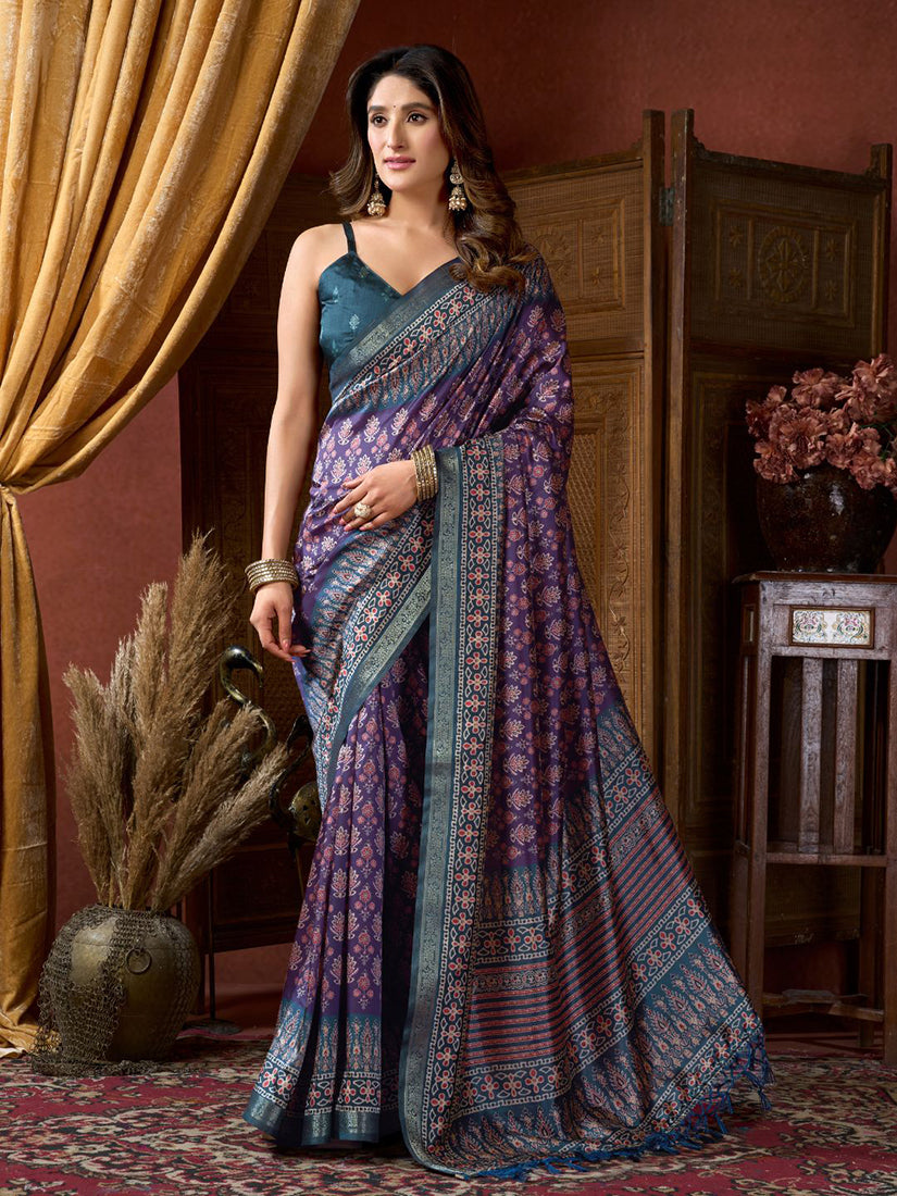Monjolika Fashion Purple Faux Crepe Silk Printed Saree with Blouse Piece - Dista