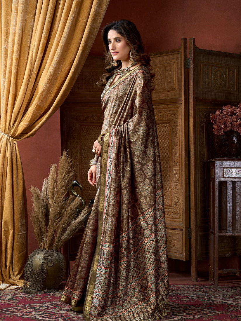 Monjolika Fashion Brown Faux Crepe Silk Printed Saree with Blouse Piece - Dista