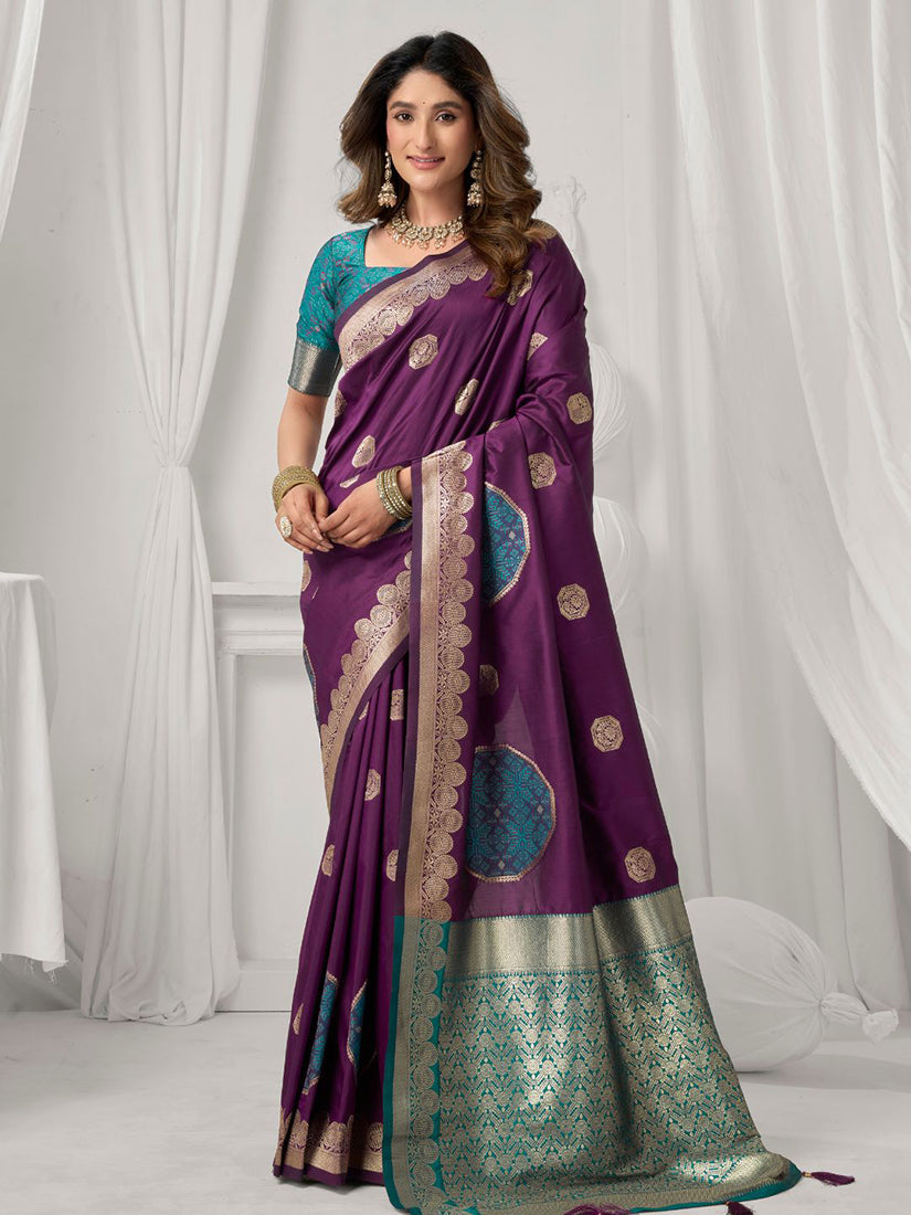 Monjolika Fashion Purple Soft Banarasi Silk Blend Zari Woven Saree with Blouse Piece - Dista