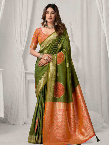 Monjolika Fashion Mehendi Green Soft Banarasi Silk Blend Zari Woven Saree with Blouse Piece - Dista