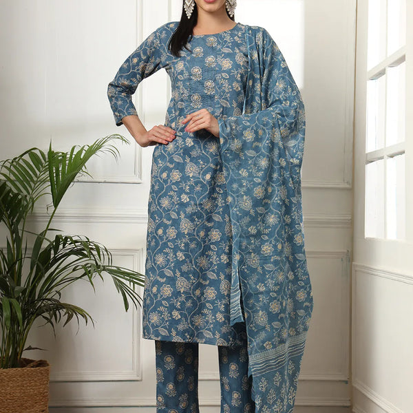 Yufta Pure Cotton Straight Blue Kurta Dupatta Set - Distacart