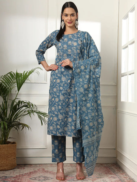 Yufta Pure Cotton Straight Blue Kurta Dupatta Set