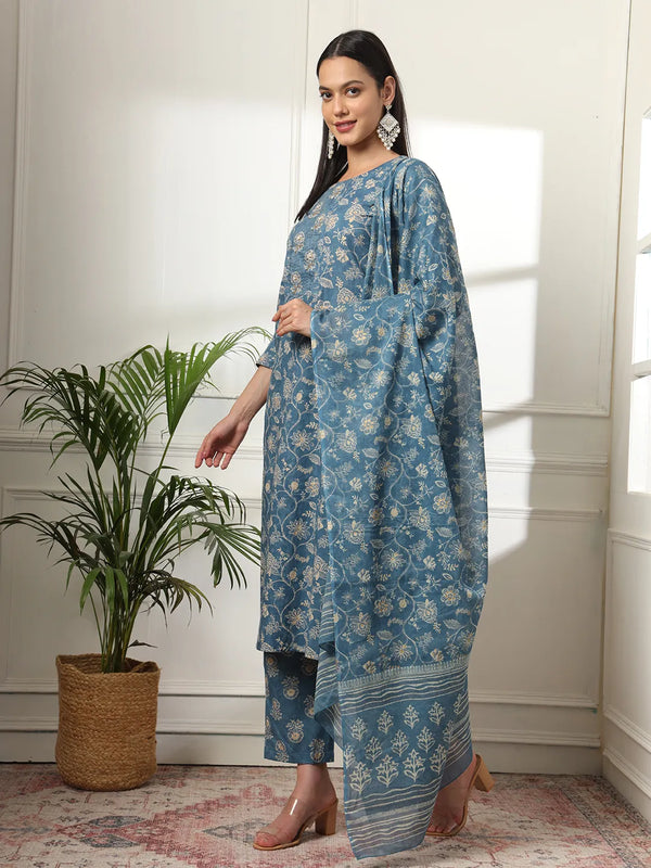 Yufta Pure Cotton Straight Blue Kurta Dupatta Set