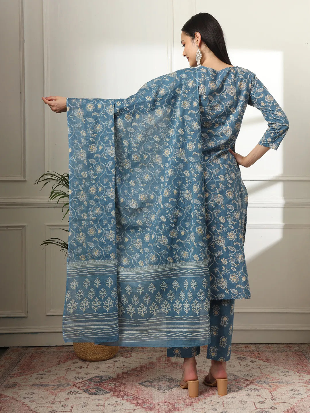 Yufta Pure Cotton Straight Blue Kurta Dupatta Set