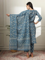 Thumbnail for Yufta Pure Cotton Straight Blue Kurta Dupatta Set