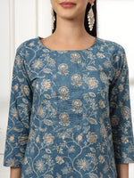 Thumbnail for Yufta Pure Cotton Straight Blue Kurta Dupatta Set