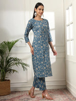 Thumbnail for Yufta Pure Cotton Straight Blue Kurta Dupatta Set