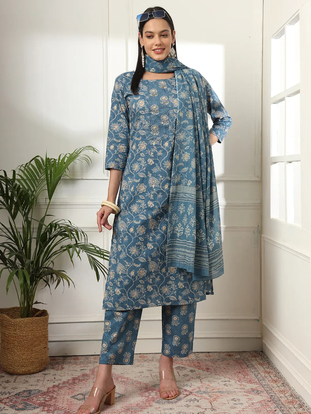 Yufta Pure Cotton Straight Blue Kurta Dupatta Set