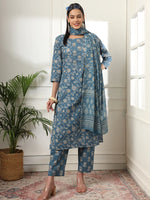 Thumbnail for Yufta Pure Cotton Straight Blue Kurta Dupatta Set