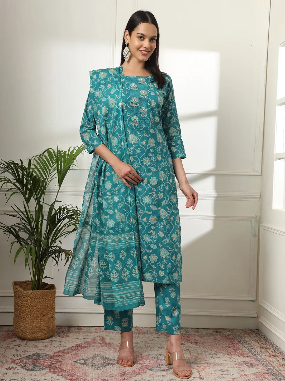 Yufta Cotton Straight Turquoise Blue Kurta Dupatta Set - Distacart