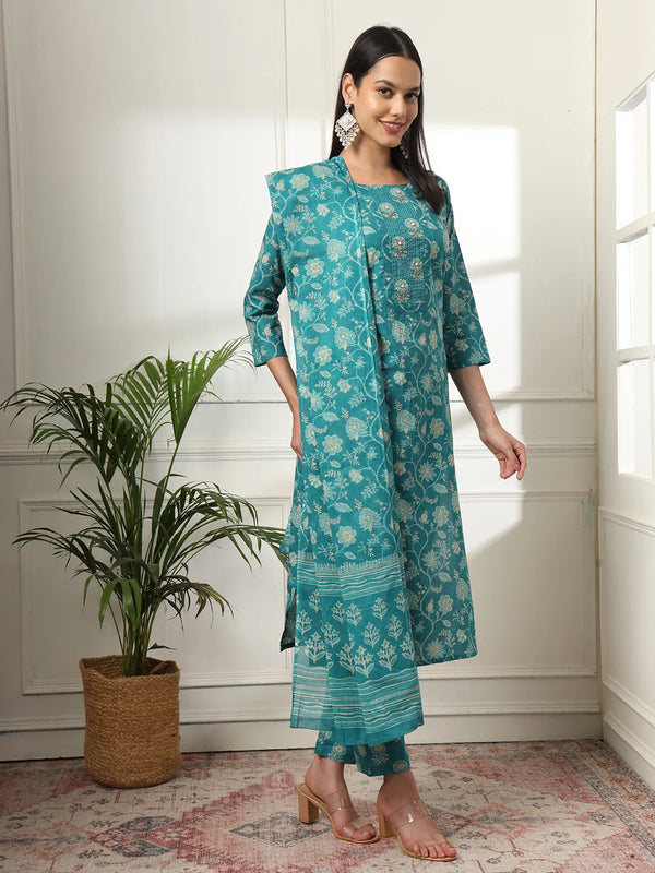 Yufta Cotton Straight Turquoise Blue Kurta Dupatta Set