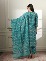 Thumbnail for Yufta Cotton Straight Turquoise Blue Kurta Dupatta Set
