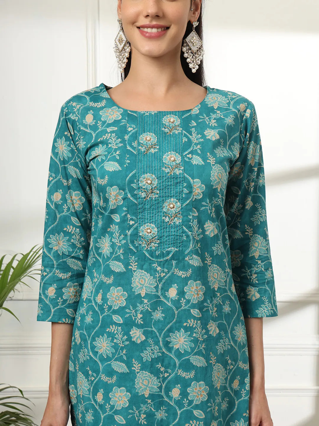 Yufta Cotton Straight Turquoise Blue Kurta Dupatta Set