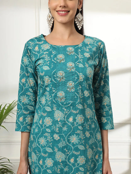 Yufta Cotton Straight Turquoise Blue Kurta Dupatta Set - Distacart