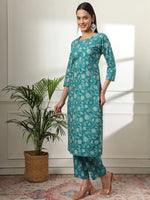 Thumbnail for Yufta Cotton Straight Turquoise Blue Kurta Dupatta Set