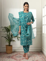 Thumbnail for Yufta Cotton Straight Turquoise Blue Kurta Dupatta Set